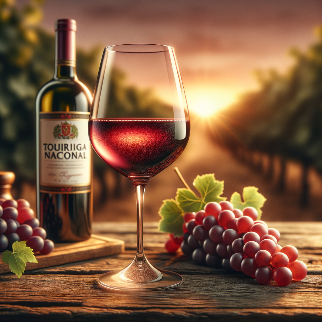 Uma taça de vinho Rubi intenso da uva Touriga Nacional sobre uma mesa de madeira rústica, com uvas Touriga Nacional e uma garrafa ao fundo com rótulo Touriga Nacional. A iluminação é suave, com tons quentes, criando uma atmosfera acolhedora. No fundo, há um borrão de videiras ao pôr do sol, simbolizando naturalidade e saúde. O estilo é realista, com atenção aos detalhes.