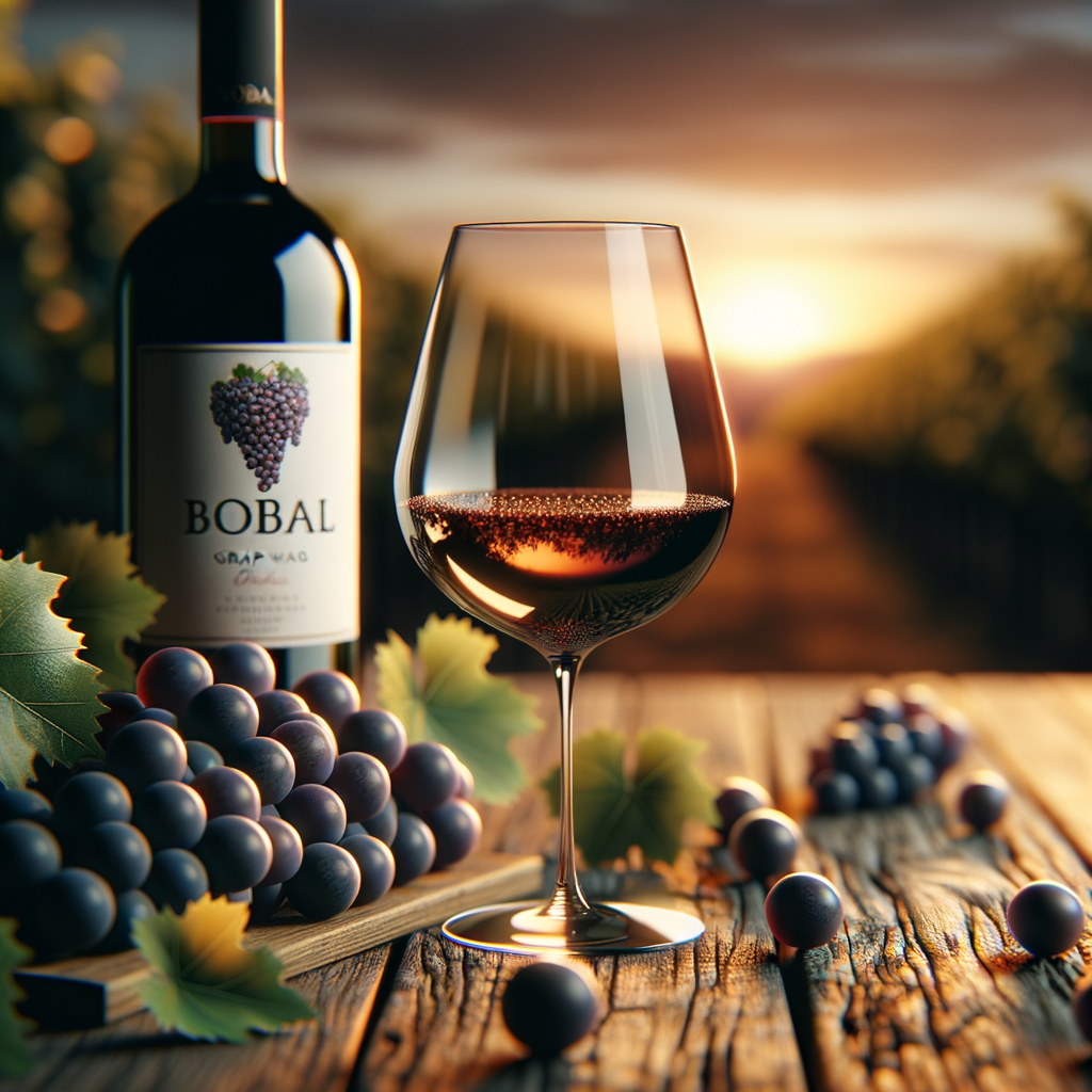 Uma taça de vinho da uva Bobal sobre uma mesa de madeira rústica, com uvas Bobal e uma garrafa ao fundo com rótulo Bobal. A iluminação é suave, com tons quentes, criando uma atmosfera acolhedora. No fundo, há um borrão de videiras ao pôr do sol, simbolizando naturalidade e saúde. O estilo é realista, com atenção aos detalhes.