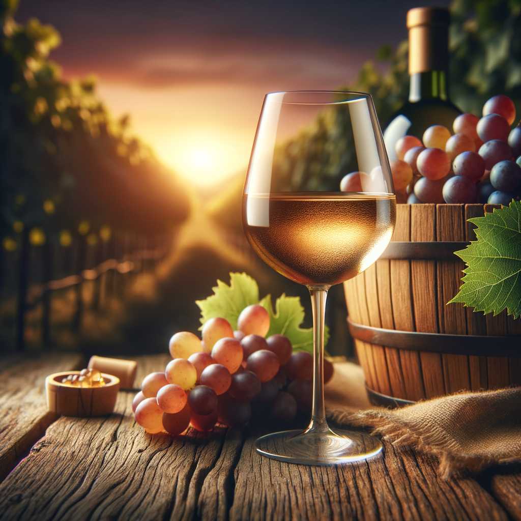 Uma taça de vinho da uva Falanghina sobre uma mesa de madeira rústica, com uvas Falanghina e uma garrafa ao fundo. A iluminação é suave, com tons quentes, criando uma atmosfera acolhedora. No fundo, há um borrão de videiras ao pôr do sol, simbolizando naturalidade e saúde. O estilo é realista, com atenção aos detalhes.