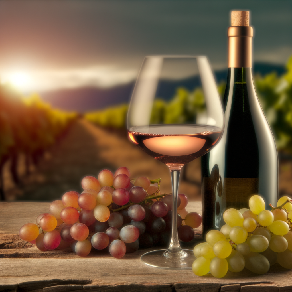 Uma taça de vinho da uva Garganega sobre uma mesa de madeira rústica, com uvas Garganega e uma garrafa ao fundo. A iluminação é suave, com tons quentes, criando uma atmosfera acolhedora. No fundo, há um borrão de videiras ao pôr do sol, simbolizando naturalidade e saúde. O estilo é realista, com atenção aos detalhes.