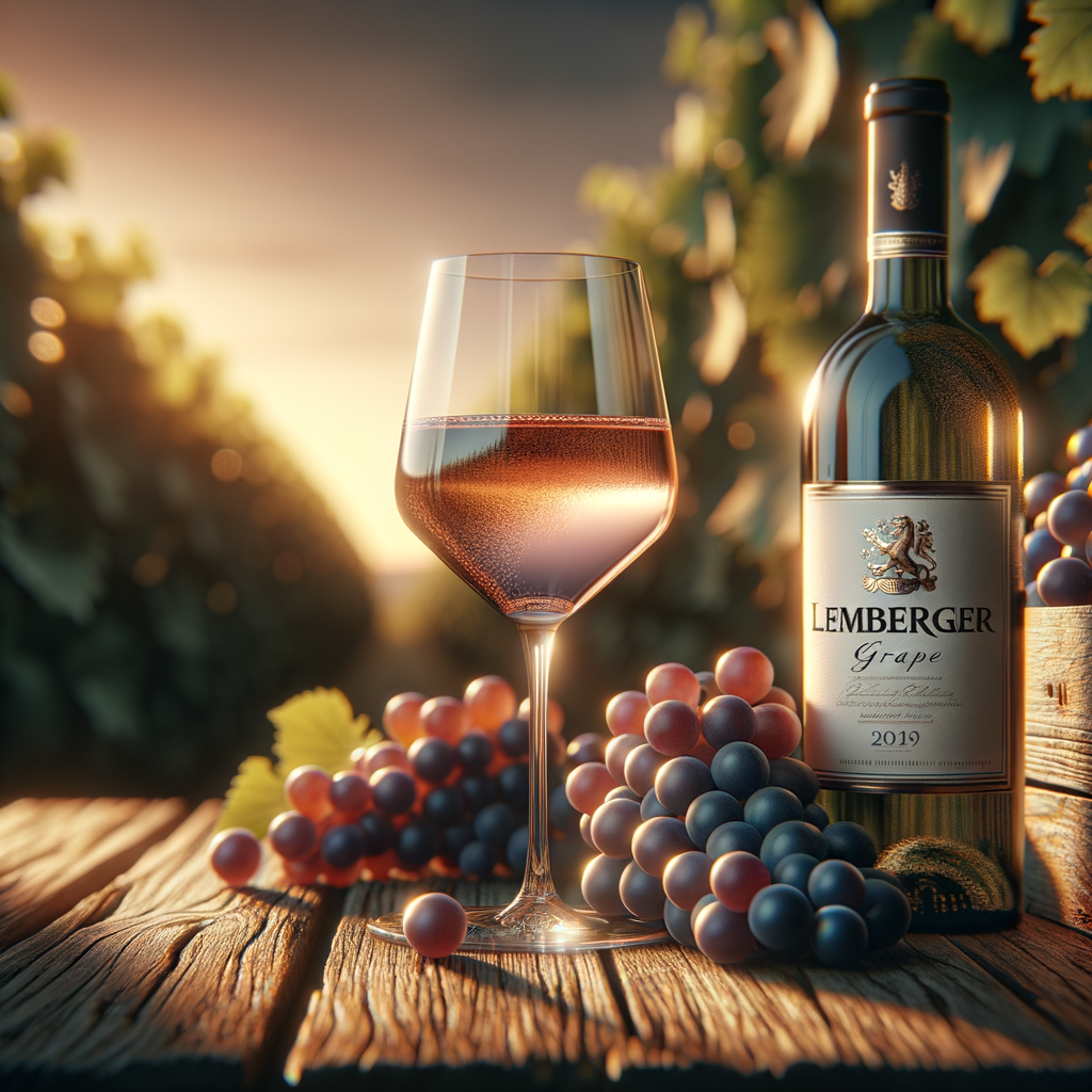 Uma taça de vinho da uva Lemberger sobre uma mesa de madeira rústica, com uvas Lemberger e uma garrafa ao fundo com rótulo Lemberger. A iluminação é suave, com tons quentes, criando uma atmosfera acolhedora. No fundo, há um borrão de videiras ao pôr do sol, simbolizando naturalidade e saúde. O estilo é realista, com atenção aos detalhes.
