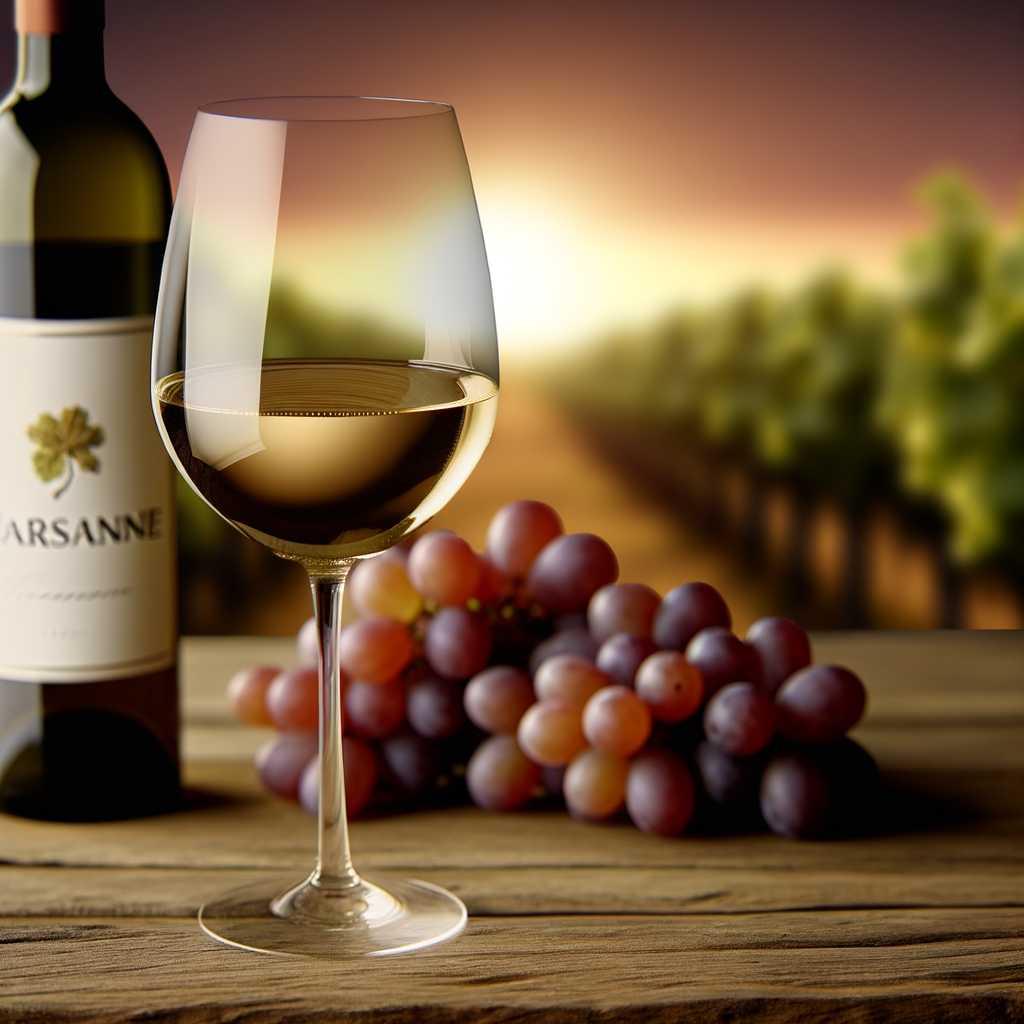 Uma taça de vinho da uva Marsanne sobre uma mesa de madeira rústica, com uvas Marsanne e uma garrafa ao fundo. A iluminação é suave, com tons quentes, criando uma atmosfera acolhedora. No fundo, há um borrão de videiras ao pôr do sol, simbolizando naturalidade e saúde. O estilo é realista, com atenção aos detalhes.