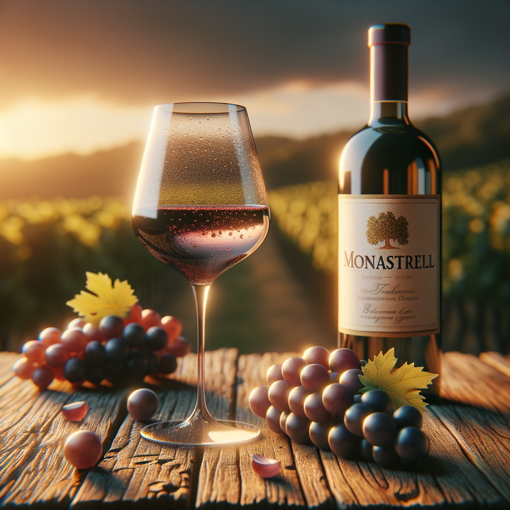 Uma taça de vinho da uva Monastrell sobre uma mesa de madeira rústica, com uvas Monastrell e uma garrafa ao fundo com rótulo Monastrell. A iluminação é suave, com tons quentes, criando uma atmosfera acolhedora. No fundo, há um borrão de videiras ao pôr do sol, simbolizando naturalidade e saúde. O estilo é realista, com atenção aos detalhes.
