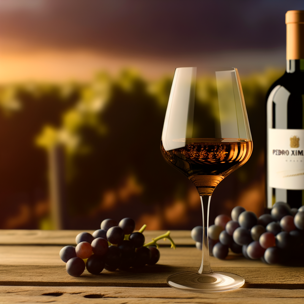 Uma taça de vinho da uva Pedro Ximénez sobre uma mesa de madeira rústica, com uvas Pedro Ximénez e uma garrafa ao fundo. A iluminação é suave, com tons quentes, criando uma atmosfera acolhedora. No fundo, há um borrão de videiras ao pôr do sol, simbolizando naturalidade e saúde. O estilo é realista, com atenção aos detalhes.
