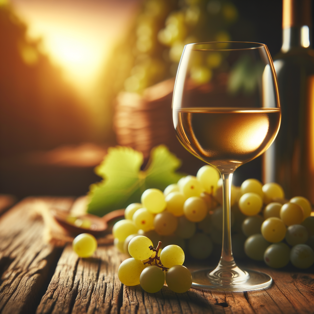 Uma taça de vinho da uva Vermentino sobre uma mesa de madeira rústica, com uvas Vermentino e uma garrafa ao fundo. A iluminação é suave, com tons quentes, criando uma atmosfera acolhedora. No fundo, há um borrão de videiras ao pôr do sol, simbolizando naturalidade e saúde. O estilo é realista, com atenção aos detalhes.