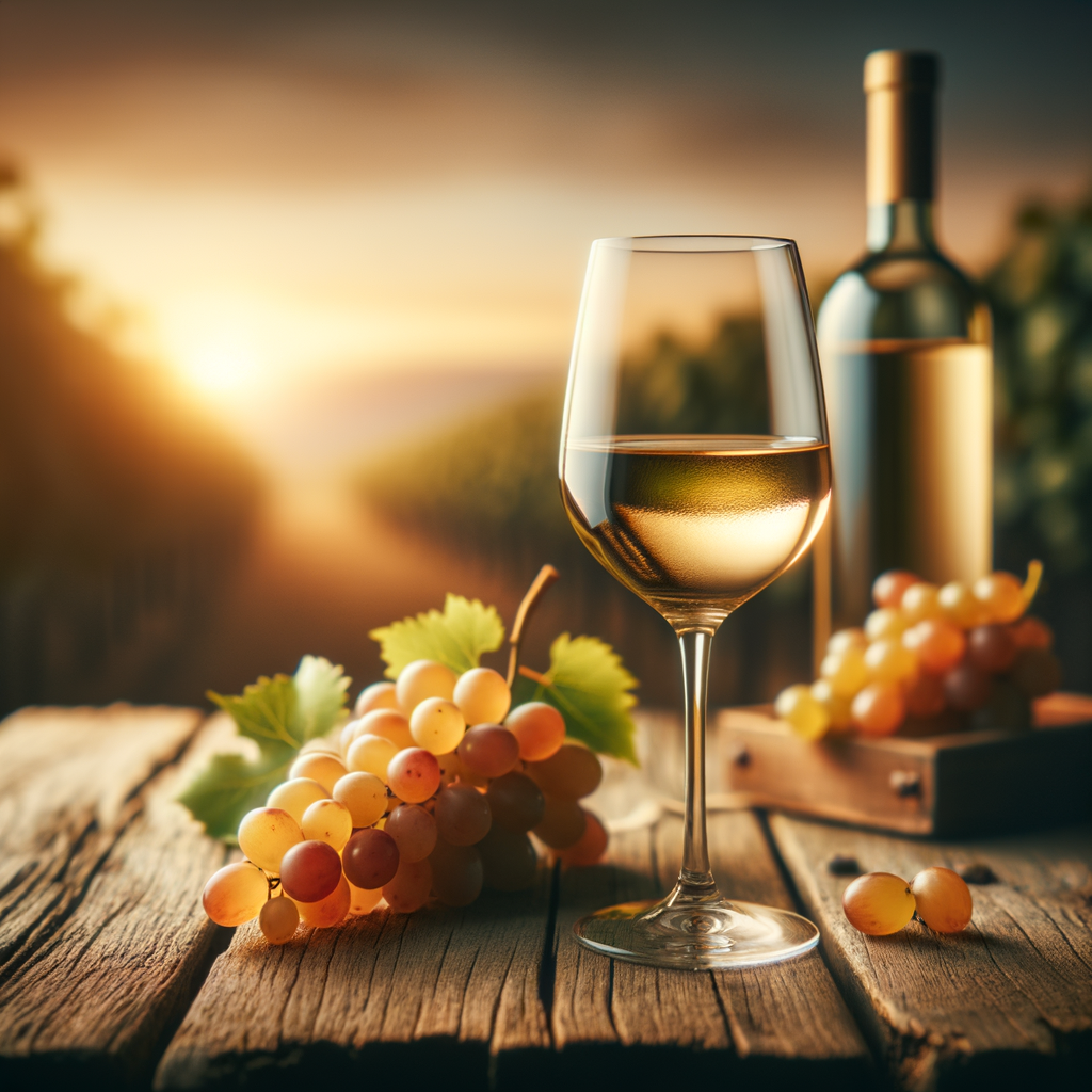 Uma taça de vinho da uva branca Albariño sobre uma mesa de madeira rústica, com uvas Albariño e uma garrafa ao fundo. A iluminação é suave, com tons quentes, criando uma atmosfera acolhedora. No fundo, há um borrão de videiras ao pôr do sol, simbolizando naturalidade e saúde. O estilo é realista, com atenção aos detalhes.