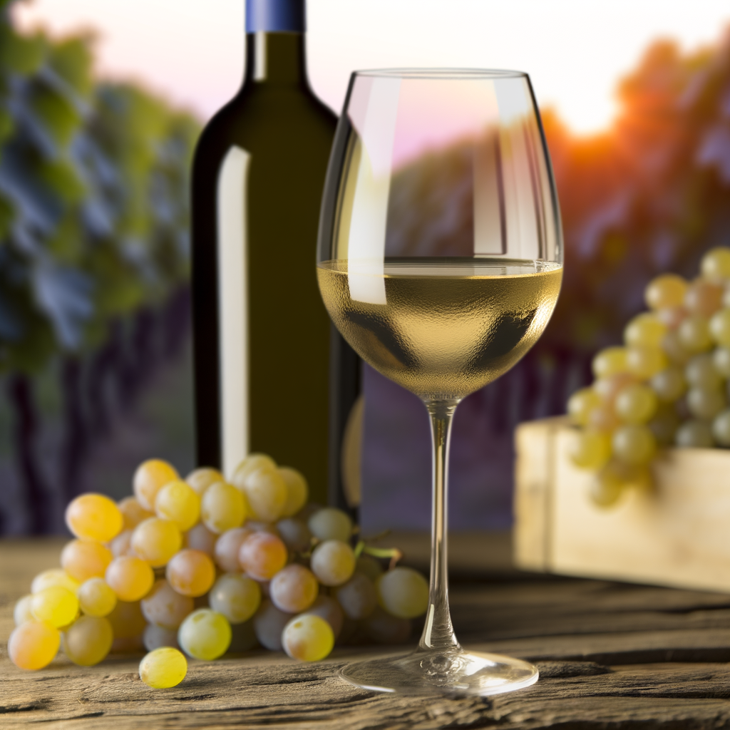 Uma taça de vinho da uva branca Arneis sobre uma mesa de madeira rústica, com uvas Arneis e uma garrafa ao fundo. A iluminação é suave, com tons quentes, criando uma atmosfera acolhedora. No fundo, há um borrão de videiras ao pôr do sol, simbolizando naturalidade e saúde. O estilo é realista, com atenção aos detalhes.