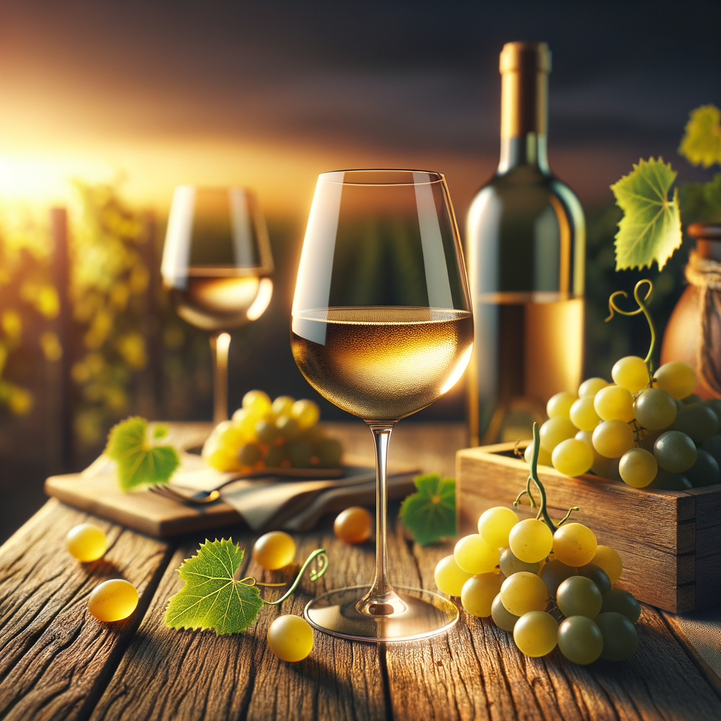 Uma taça de vinho da uva branca Colombard sobre uma mesa de madeira rústica, com uvas Colombard e uma garrafa ao fundo. A iluminação é suave, com tons quentes, criando uma atmosfera acolhedora. No fundo, há um borrão de videiras ao pôr do sol, simbolizando naturalidade e saúde. O estilo é realista, com atenção aos detalhes.