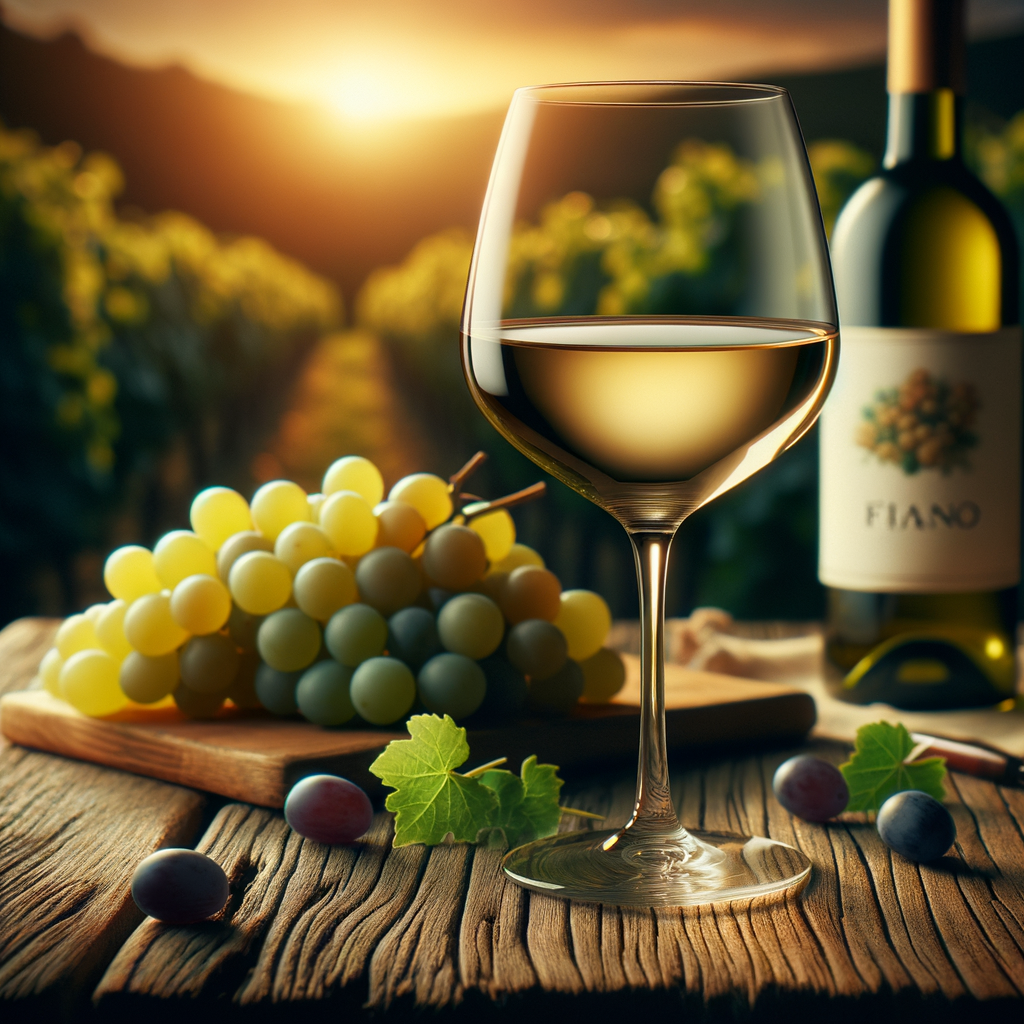 Uma taça de vinho da uva branca Fiano sobre uma mesa de madeira rústica, com uvas Fiano e uma garrafa ao fundo. A iluminação é suave, com tons quentes, criando uma atmosfera acolhedora. No fundo, há um borrão de videiras ao pôr do sol, simbolizando naturalidade e saúde. O estilo é realista, com atenção aos detalhes.