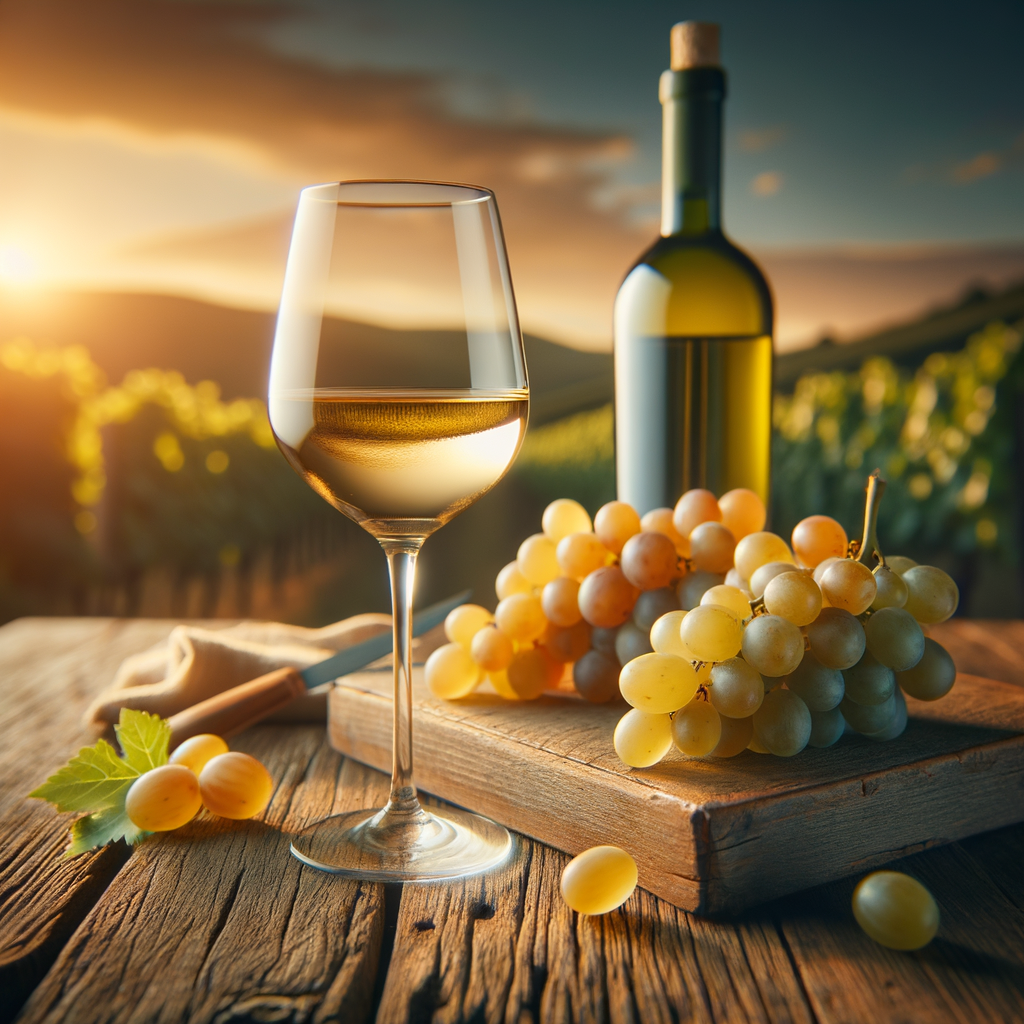 Uma taça de vinho da uva branca Pecorino sobre uma mesa de madeira rústica, com uvas Pecorino e uma garrafa ao fundo. A iluminação é suave, com tons quentes, criando uma atmosfera acolhedora. No fundo, há um borrão de videiras ao pôr do sol, simbolizando naturalidade e saúde. O estilo é realista, com atenção aos detalhes.