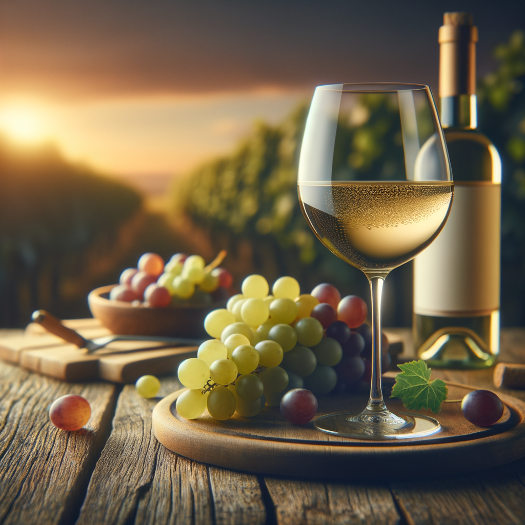 Uma taça de vinho da uva branca Torrontés sobre uma mesa de madeira rústica, com uvas Torrontés e uma garrafa ao fundo. A iluminação é suave, com tons quentes, criando uma atmosfera acolhedora. No fundo, há um borrão de videiras ao pôr do sol, simbolizando naturalidade e saúde. O estilo é realista, com atenção aos detalhes.