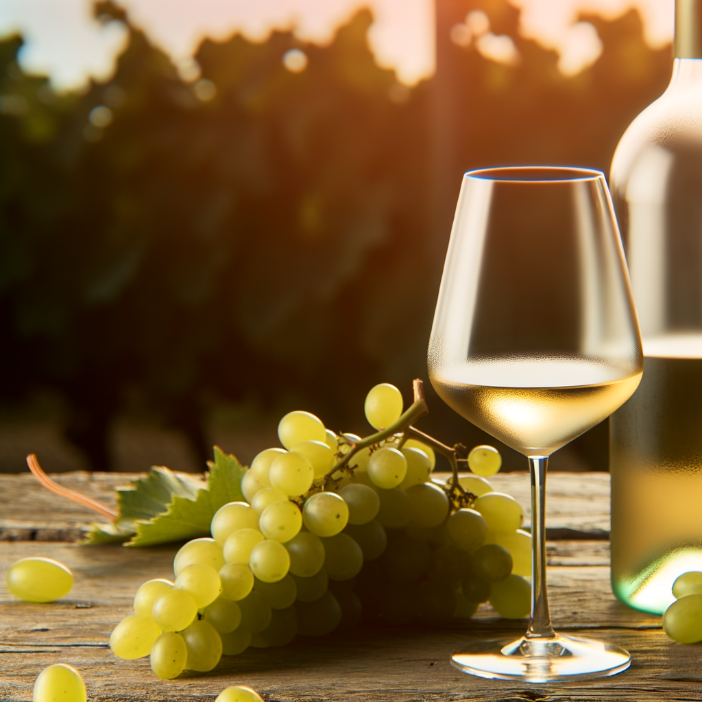 Uma taça de vinho da uva branca Verdicchio sobre uma mesa de madeira rústica, com uvas Verdicchio e uma garrafa ao fundo. A iluminação é suave, com tons quentes, criando uma atmosfera acolhedora. No fundo, há um borrão de videiras ao pôr do sol, simbolizando naturalidade e saúde. O estilo é realista, com atenção aos detalhes.