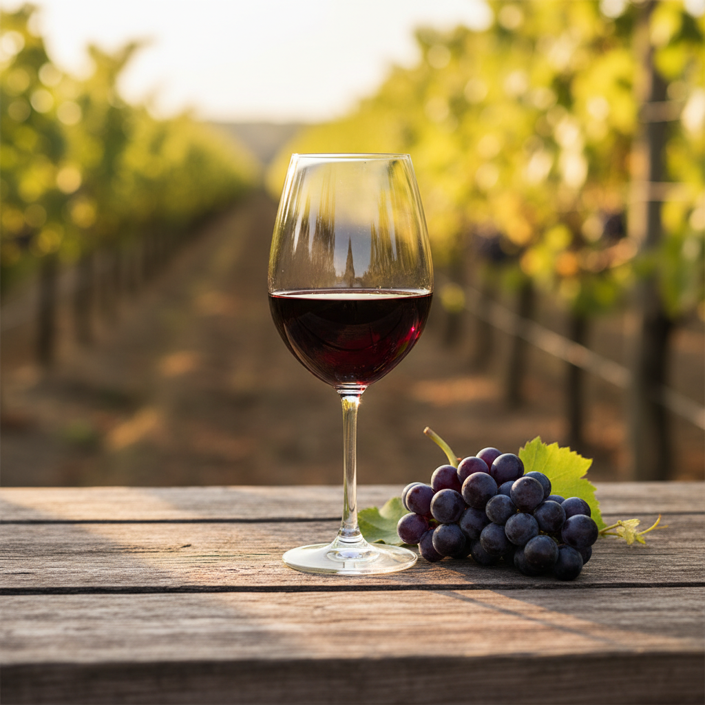 Taça de vinho tinto ao lado de cachos de uva fresca, com vinhedo ensolarado ao fundo, simbolizando a conexão entre a uva e os aromas do vinho.