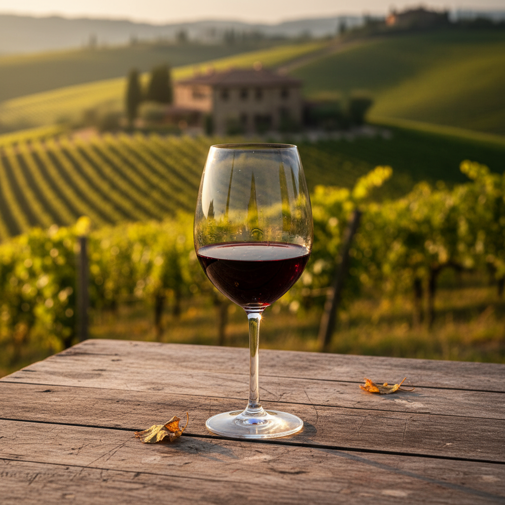 Taça elegante de vinho tinto em mesa de madeira rústica, com vinhedo italiano ensolarado ao fundo, representando a experiência de vinhos italianos de custo-benefício.