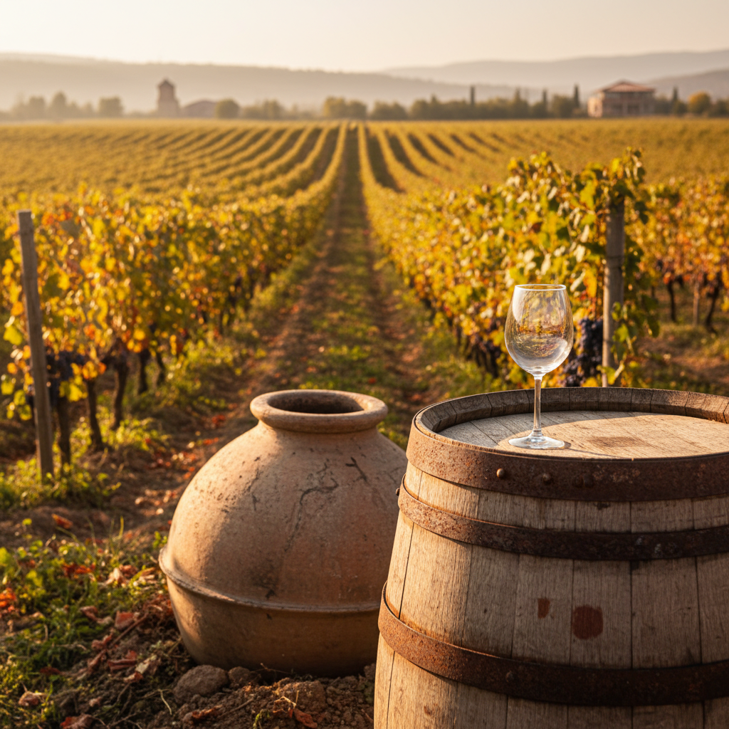 Vinhedo tradicional georgiano com ânforas Qvevri semi-enterradas e uma taça de vinho em um barril de madeira, sob a luz dourada do entardecer.