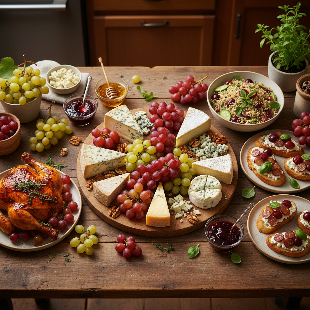 Mesa rústica com diversos pratos inovadores que utilizam uvas brancas, tintas e verdes, destacando a versatilidade culinária da fruta.