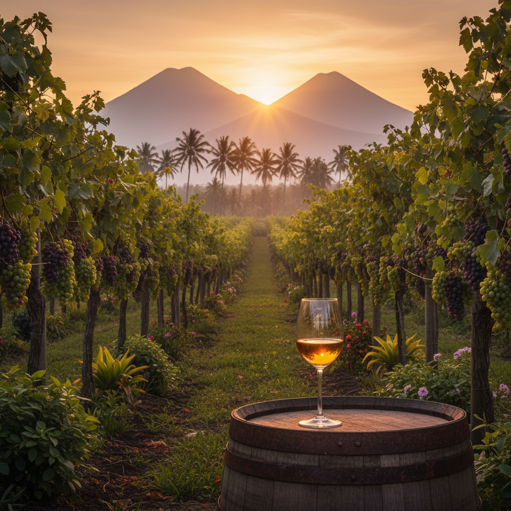 Vinhedo tropical exuberante em Bali ao pôr do sol, com um cálice de vinho sobre um barril de madeira, simbolizando a crescente produção e qualidade dos vinhos indonésios.