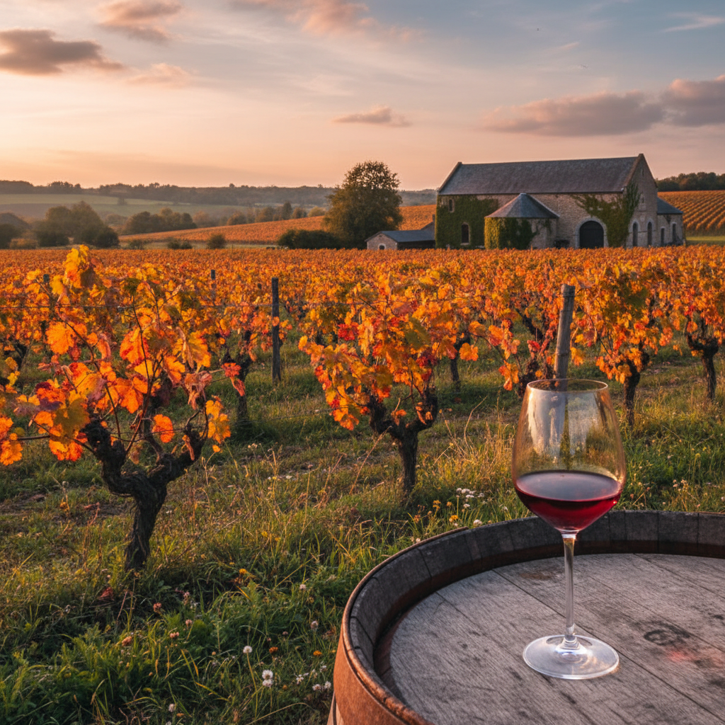 Vinhedo belga pitoresco ao pôr do sol, com videiras exuberantes e uma taça de vinho sobre um barril de carvalho, representando a inovação e qualidade dos produtores de vinho da Bélgica.