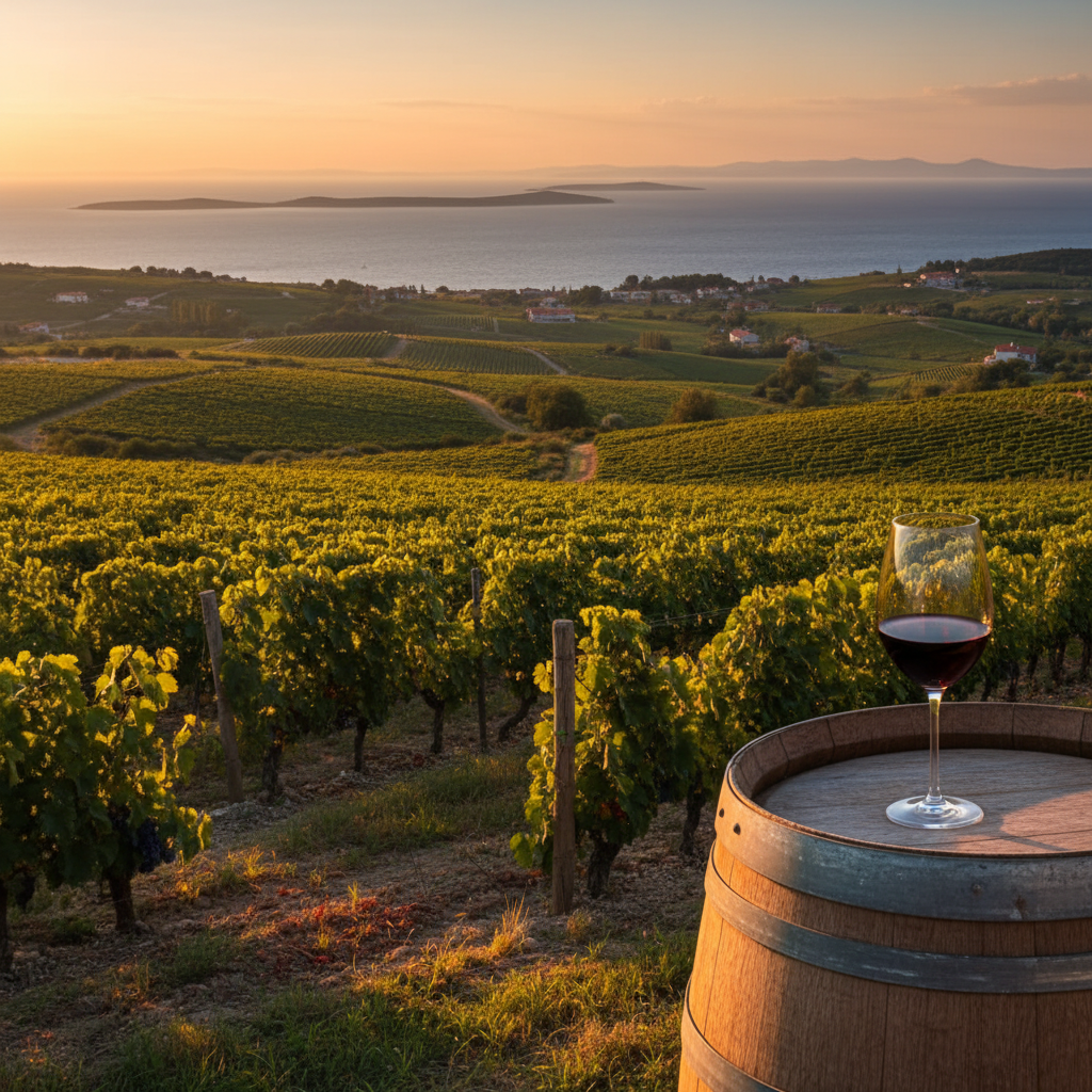 Vinhedo croata com vista para o Mar Adriático ao pôr do sol, e uma taça de vinho sobre um barril de madeira rústico.