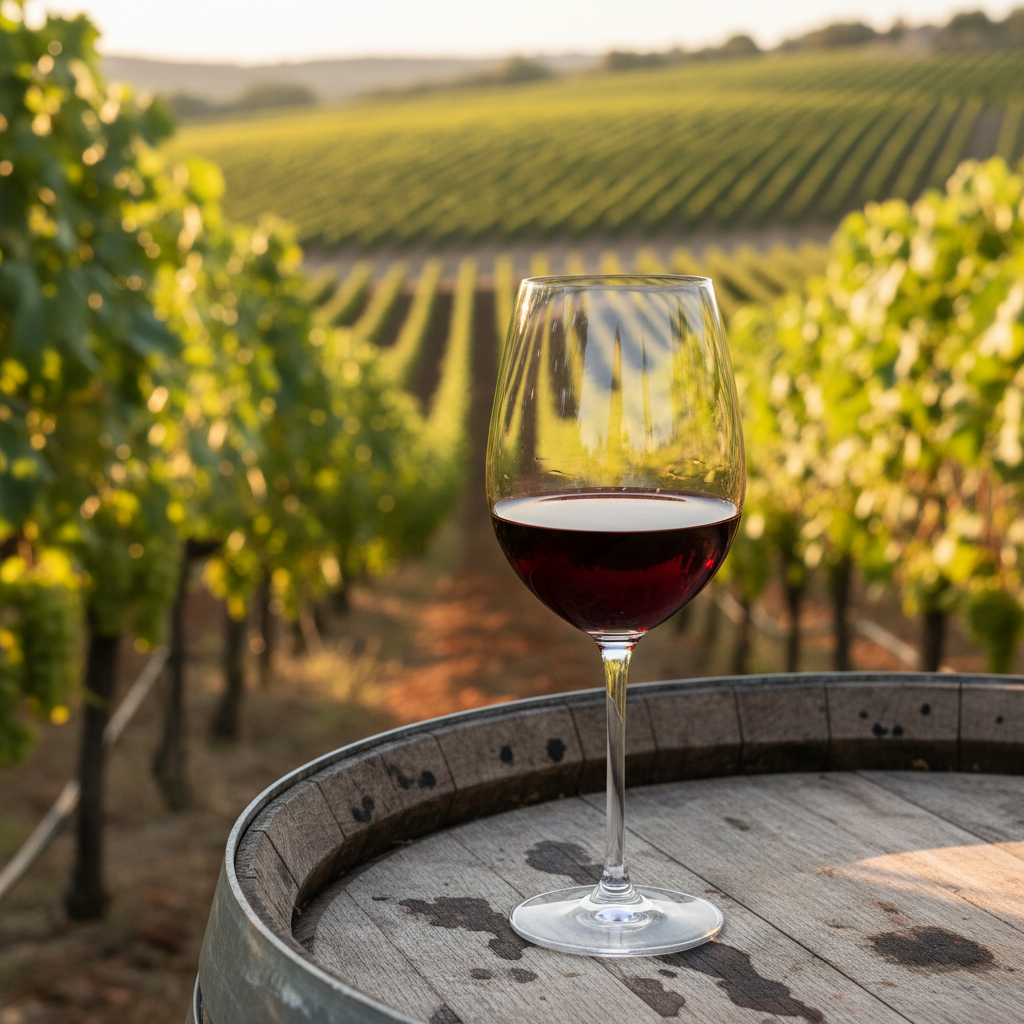 Taça de vinho tinto sobre barril de carvalho em adega, com vinhedo ao fundo, sob luz do pôr do sol.