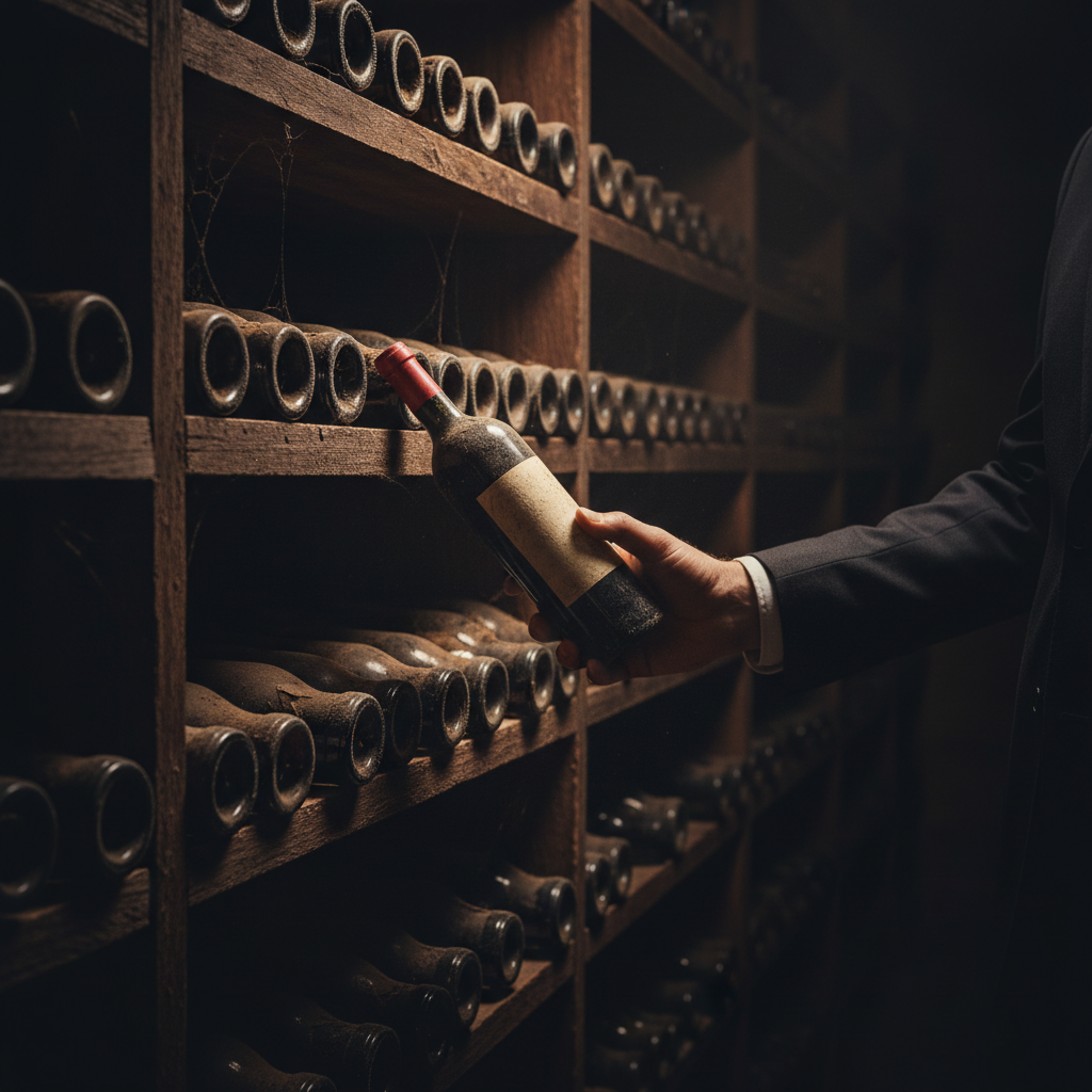 Mão selecionando uma garrafa de vinho italiano em uma adega escura e rústica, com prateleiras cheias de garrafas ao fundo, simbolizando a importância da escolha.