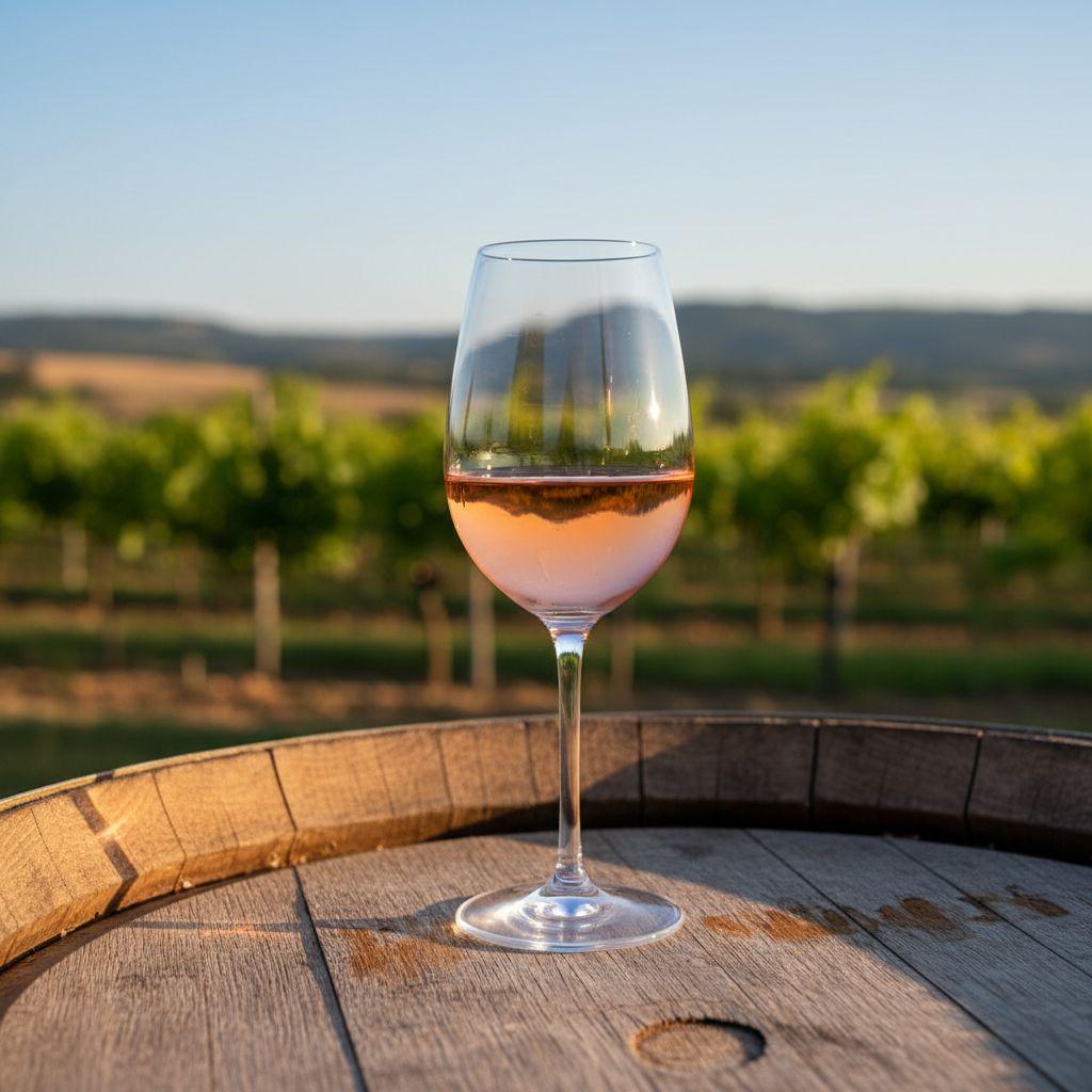 Uma taça elegante de vinho rosé, com sua cor rosada vibrante, repousa sobre um barril de carvalho rústico, com um vinhedo verdejante e ensolarado visível ao fundo.