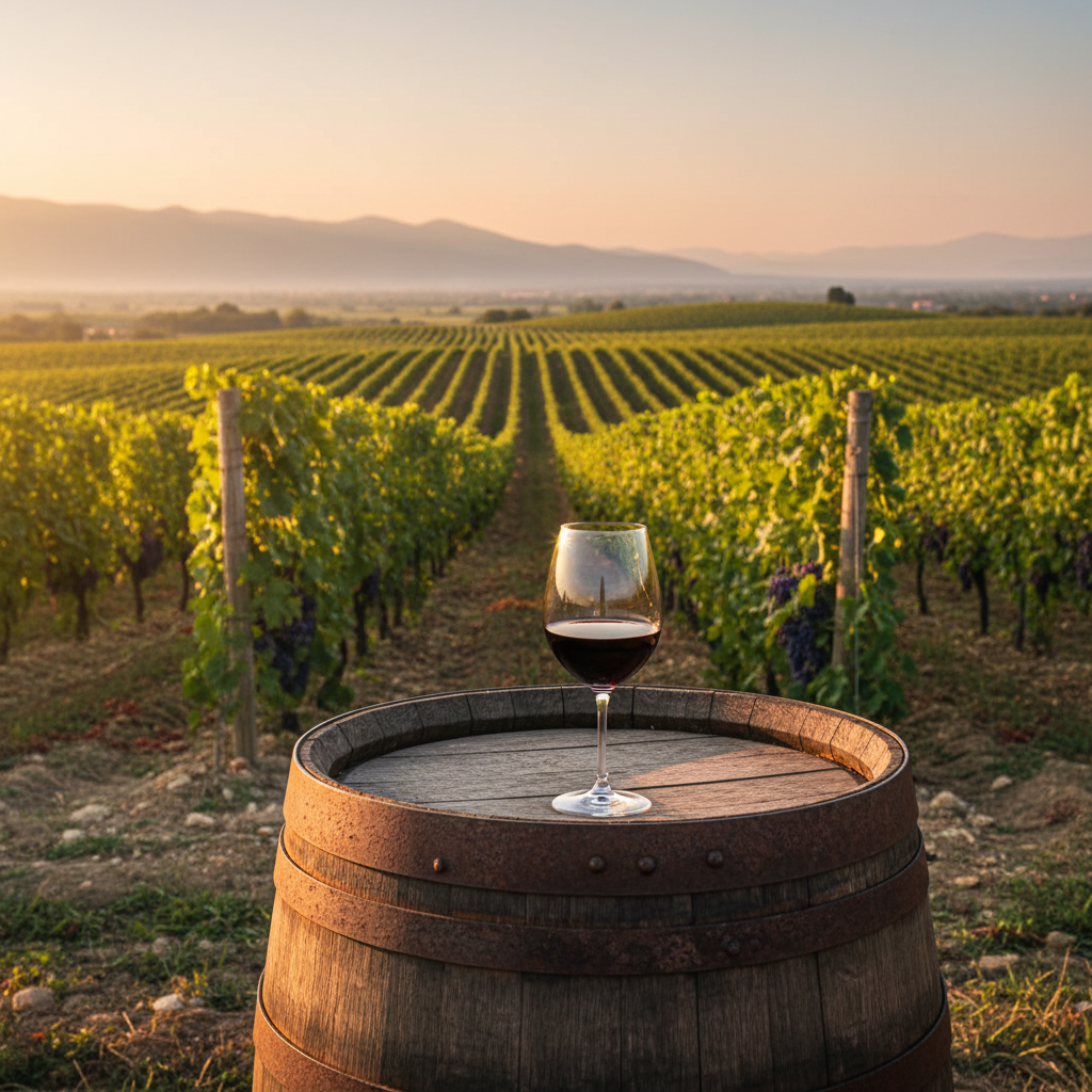 Taça de vinho tinto sobre um barril de madeira em um vinhedo ensolarado na Bósnia e Herzegovina.