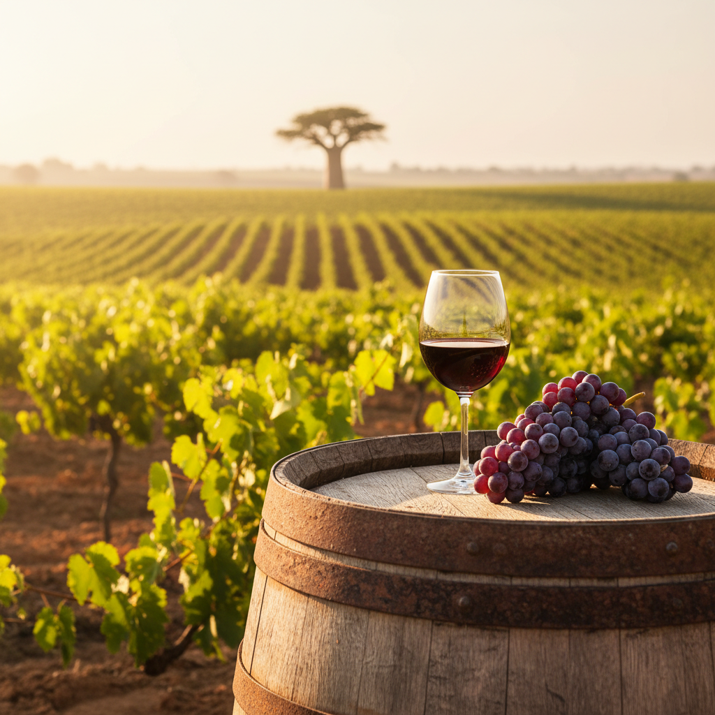 Vinhedo exuberante na Tanzânia ao entardecer, com um barril de madeira rústico e uma taça de vinho tinto, destacando a paisagem africana.