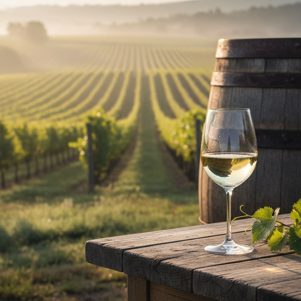 Vinhedo exuberante ao amanhecer com taça de vinho branco e barril de carvalho, simbolizando as famosas regiões de vinhos brancos e seus terroirs.