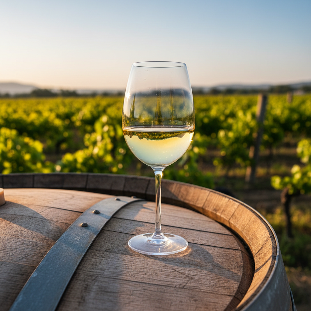Taça de vinho branco exótico repousando sobre um barril de carvalho em um vinhedo ensolarado, com videiras ao fundo.