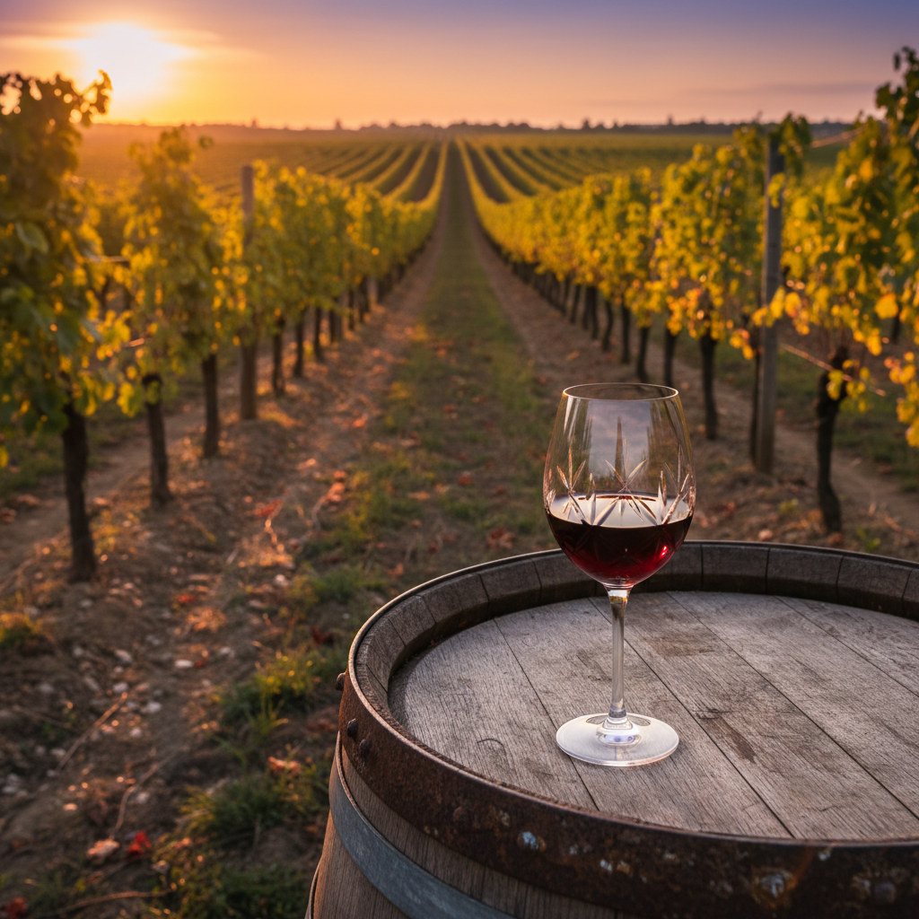 Vinhedo húngaro ao pôr do sol com taça de vinho tinto sobre barril de carvalho, simbolizando a riqueza das uvas autóctones.