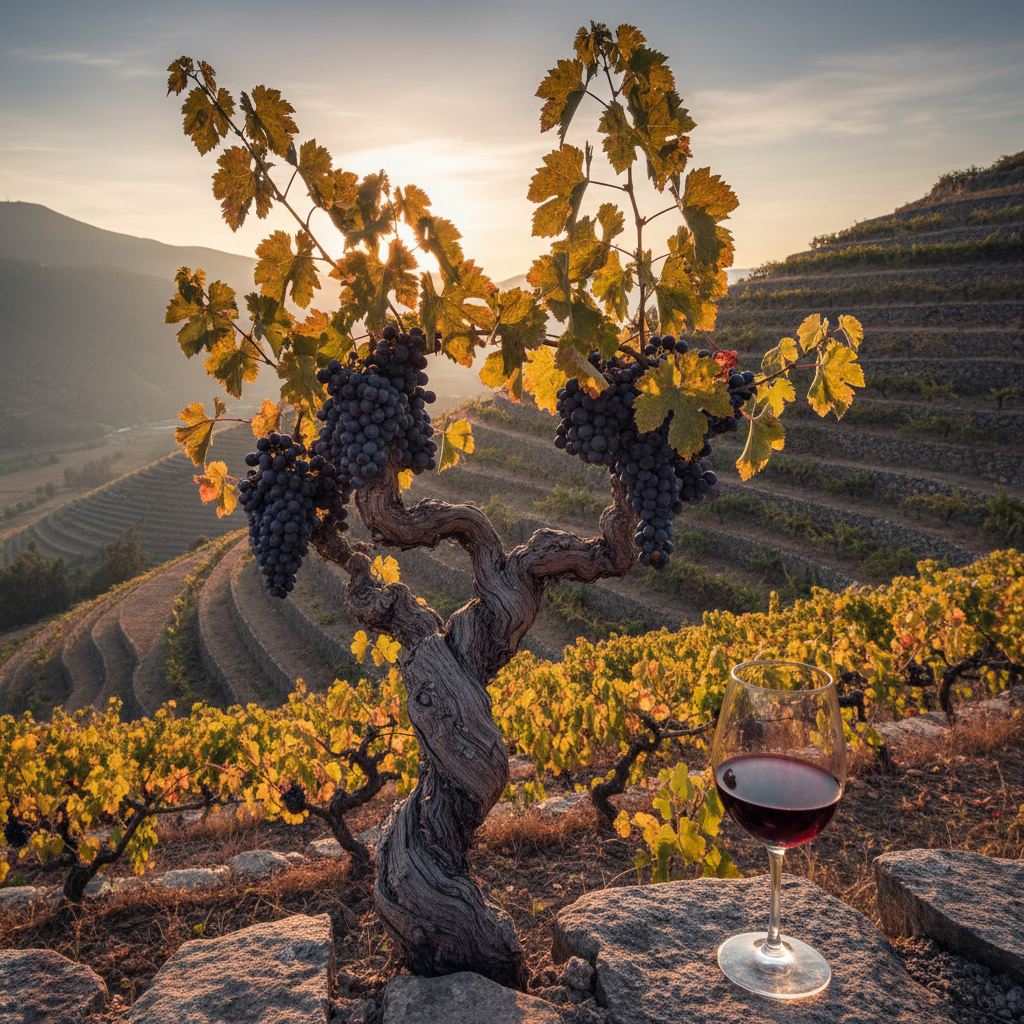 Foto de um parreiral antigo com uvas tintas escuras em um terraço, e uma taça de vinho tinto à frente, evocando a descoberta de vinhos exóticos.