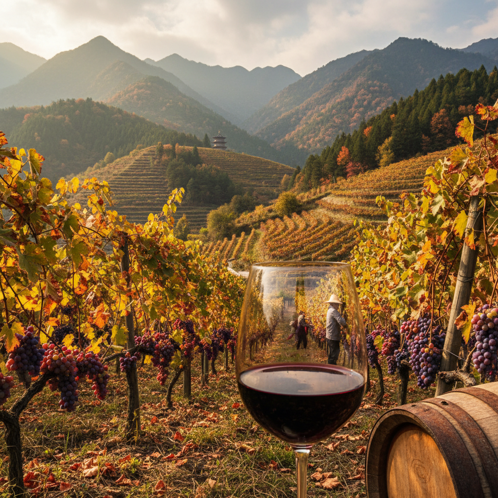 Vinhedo chinês exuberante ao pôr do sol, com uma taça de vinho tinto em primeiro plano e um barril de carvalho, representando a qualidade e tradição dos vinhos da China.