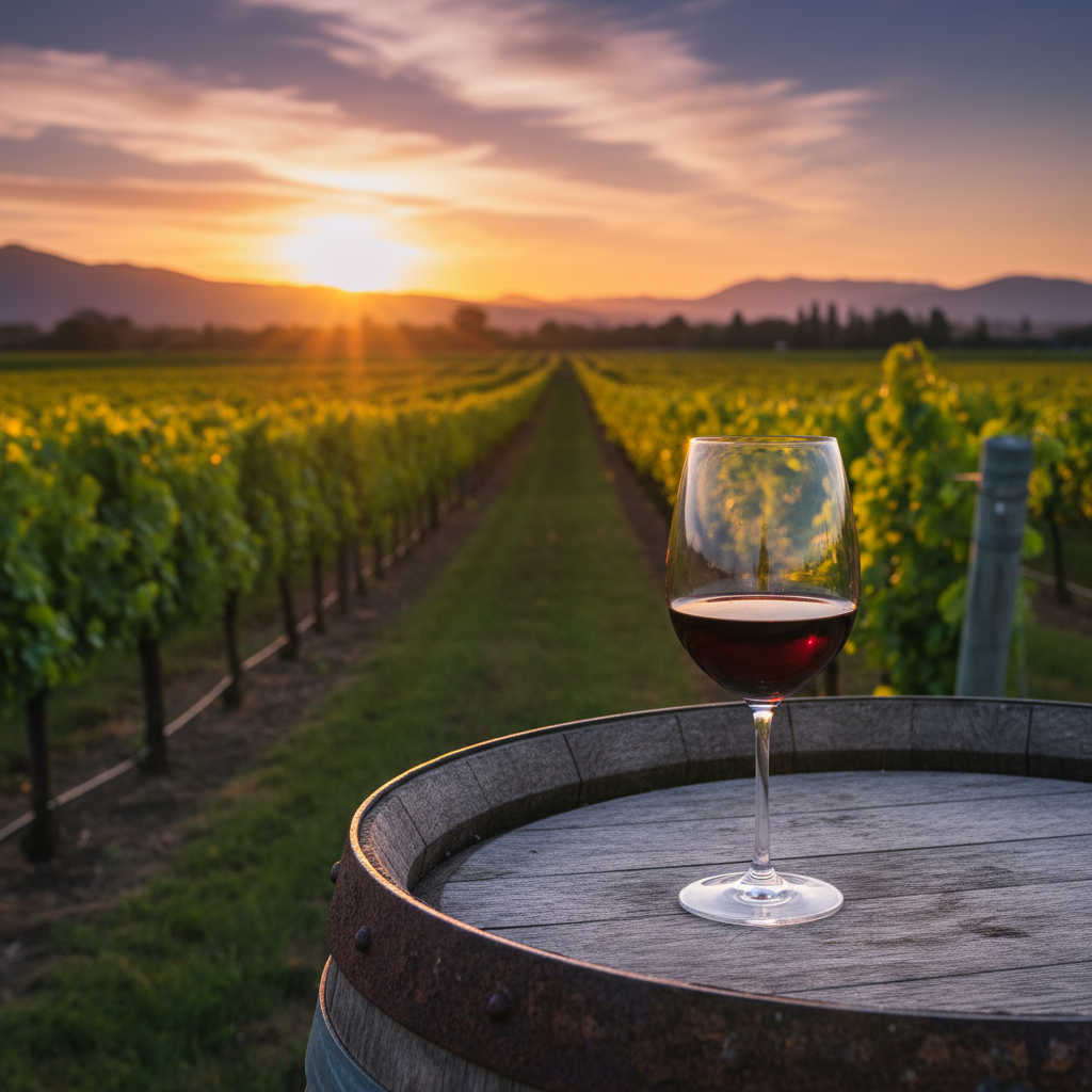 Taça de vinho tinto sobre um barril de madeira em um vinhedo exuberante da Nova Zelândia ao pôr do sol, simbolizando a diversidade e a qualidade dos vinhos do país além do Sauvignon Blanc.