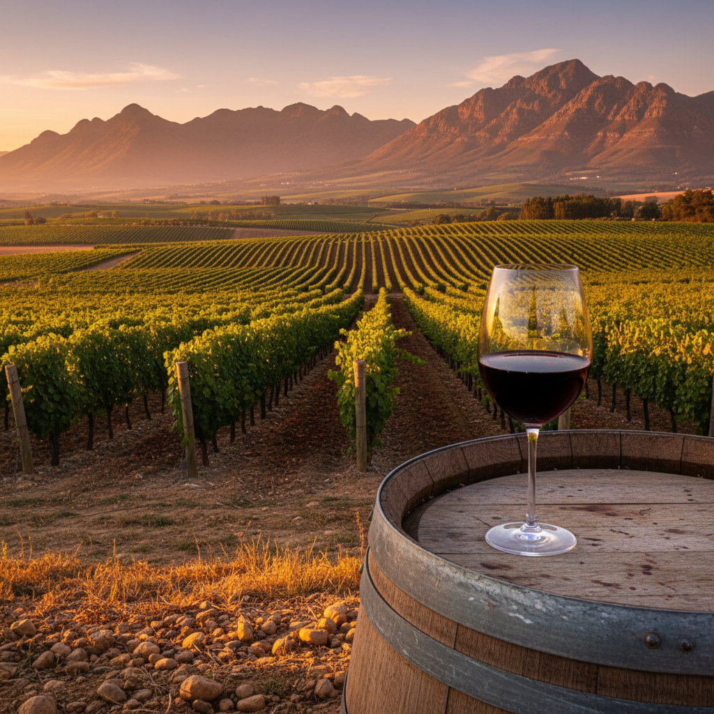 Paisagem de vinhedo na África do Sul ao entardecer, com taça de vinho tinto sobre um barril de carvalho, representando a riqueza vinícola do país.