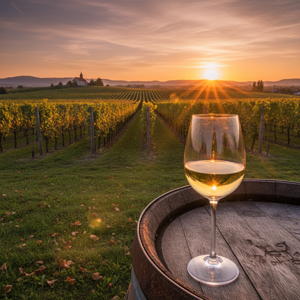 Vinhedo esloveno ao pôr do sol com taça de vinho branco sobre barril de madeira, destacando a beleza da região vinícola.