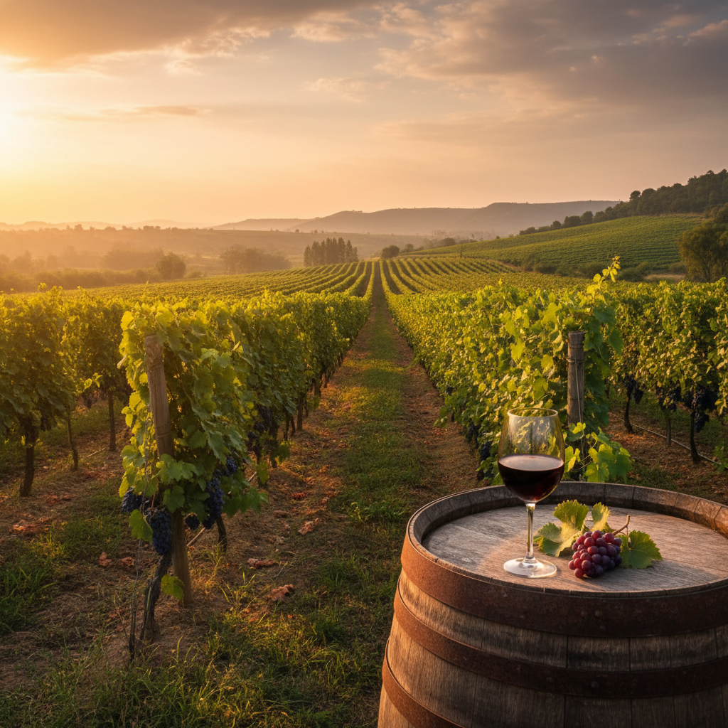 Vinhedo exuberante em Maharashtra, Índia, sob a luz dourada do pôr do sol, com um barril de vinho e uma taça em primeiro plano.