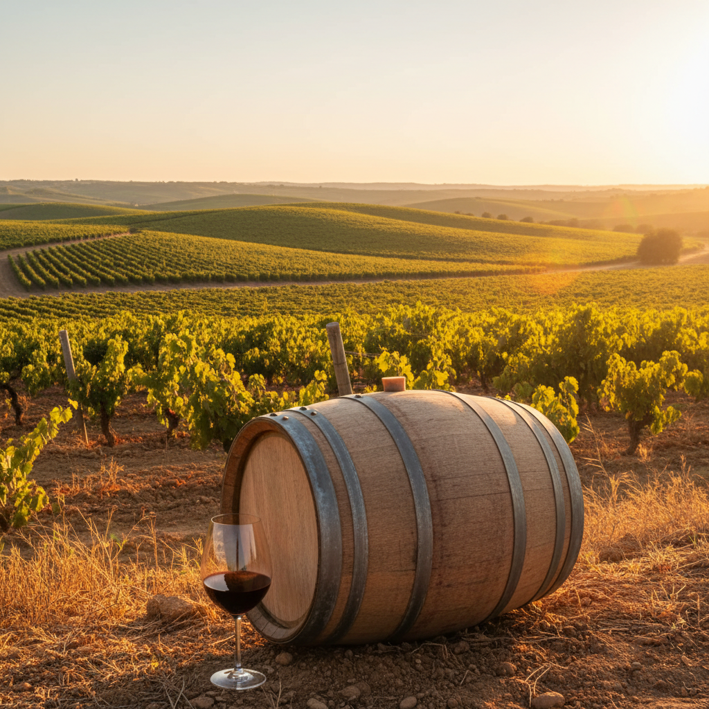 Vinhedo do Alentejo ao pôr do sol com um barril de carvalho e uma taça de vinho tinto, refletindo a luz dourada e a riqueza da região.