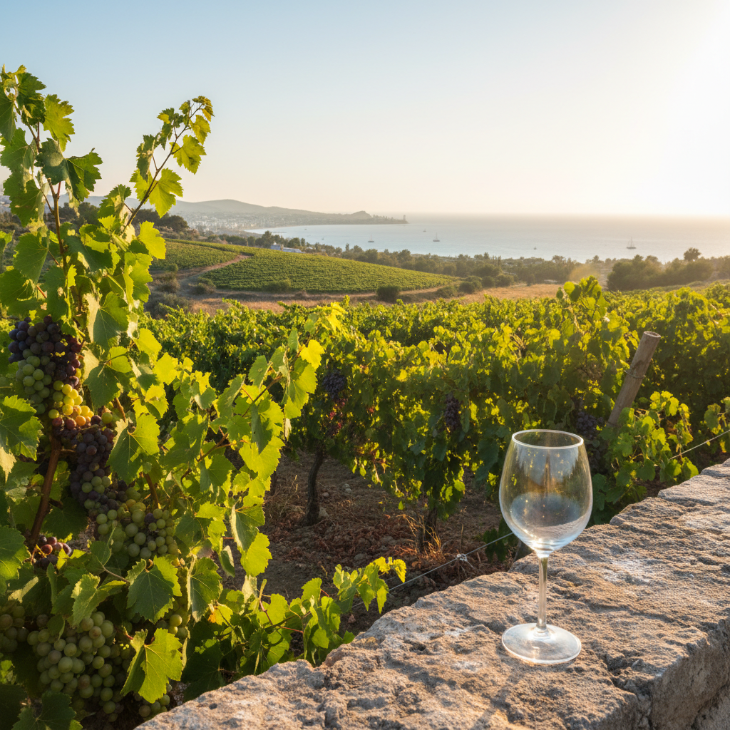 Vinhedo costeiro exuberante perto de Alexandria, Egito, com vinhas verdes e o mar Mediterrâneo ao fundo. Uma taça de vinho elegante repousa sobre um muro de pedra, com a luz dourada do sol poente.