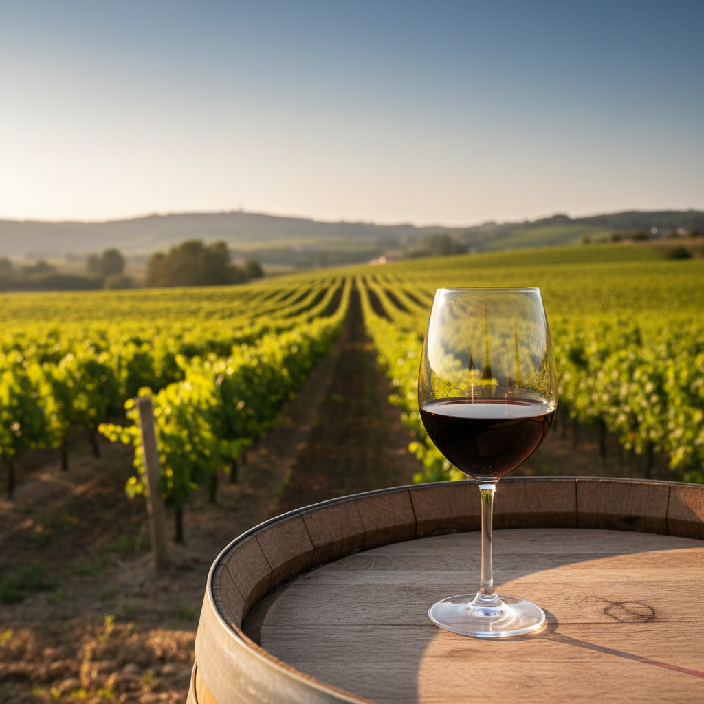 Vinhedo ensolarado em Portugal com taça de vinho tinto sobre barril de madeira, simbolizando as regiões emergentes do Algarve e Tejo.