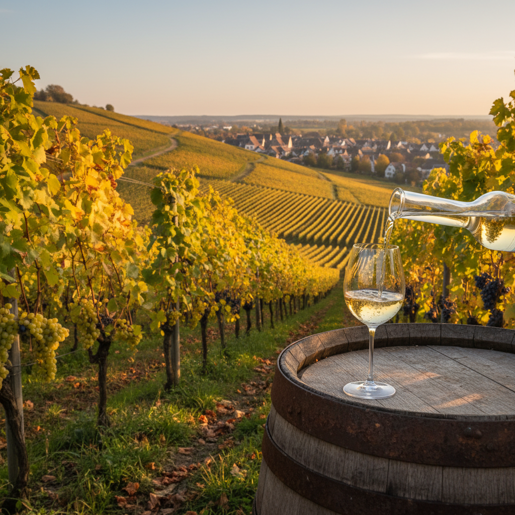 Vinhedo da Alsácia em outono com taça de vinho branco sobre barril de madeira e vilarejo tradicional ao fundo.