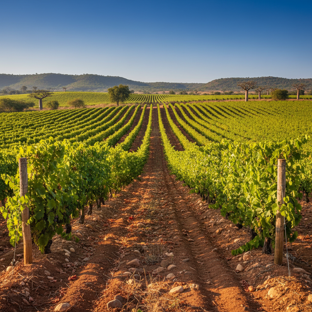 Vista panorâmica de um vinhedo em Angola, com vinhas exuberantes e o solo avermelhado característico, simbolizando o potencial vitivinícola do país.