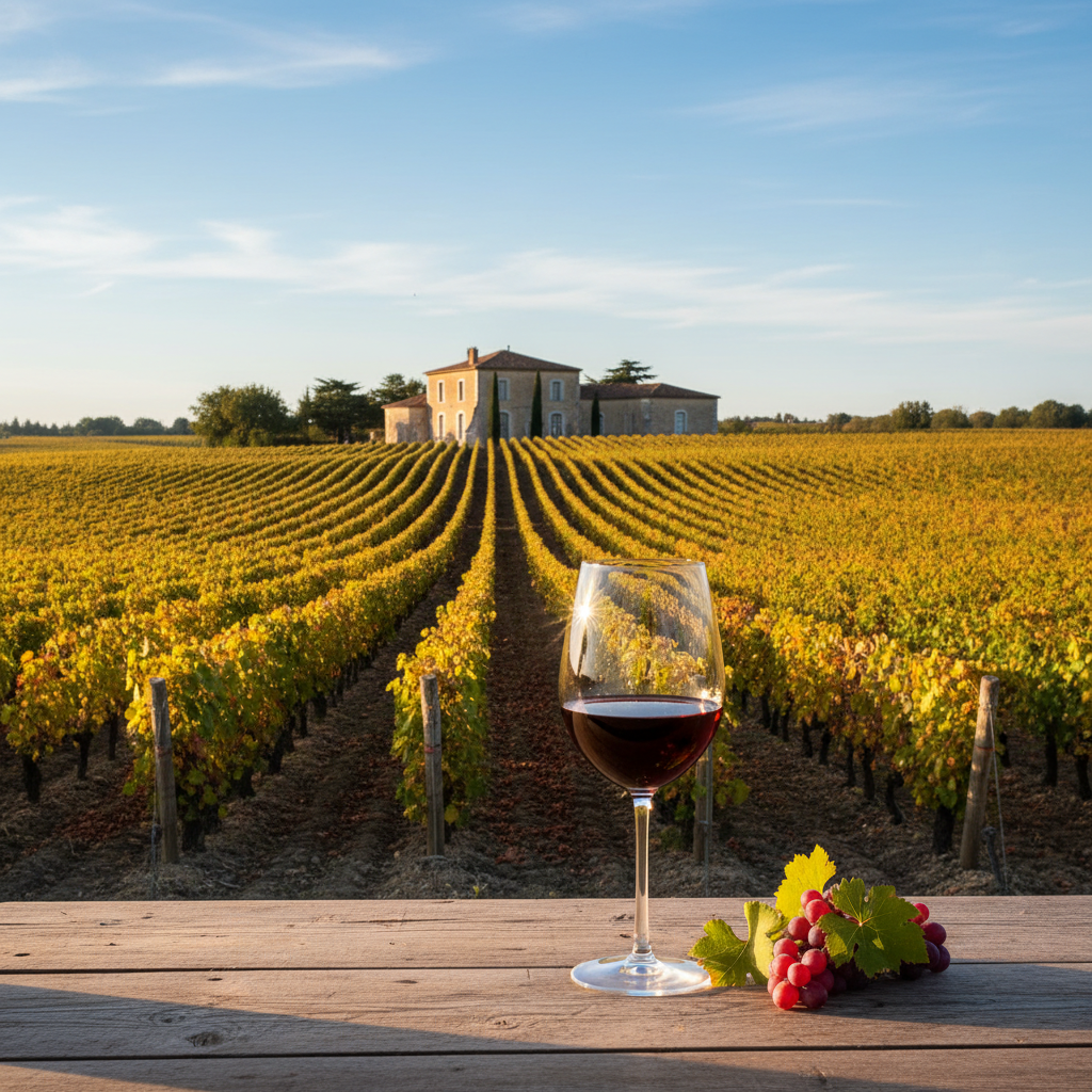 Taça de vinho tinto em primeiro plano, com um vasto vinhedo francês e um château tradicional ao fundo, representando a origem e a qualidade dos vinhos AOC e AOP.
