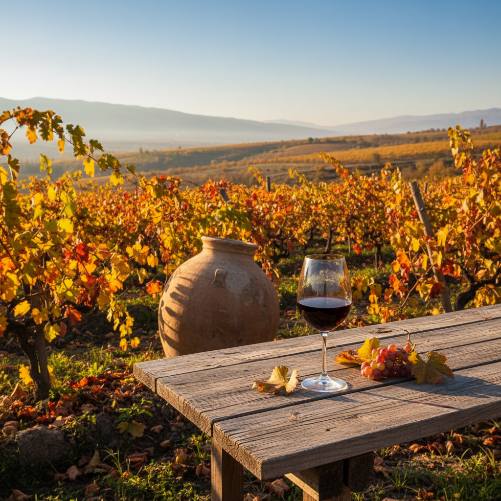 Taça de vinho tinto Areni Noir em uma mesa rústica, com um vinhedo ancestral armênio e um karas ao fundo, sob a luz do sol.