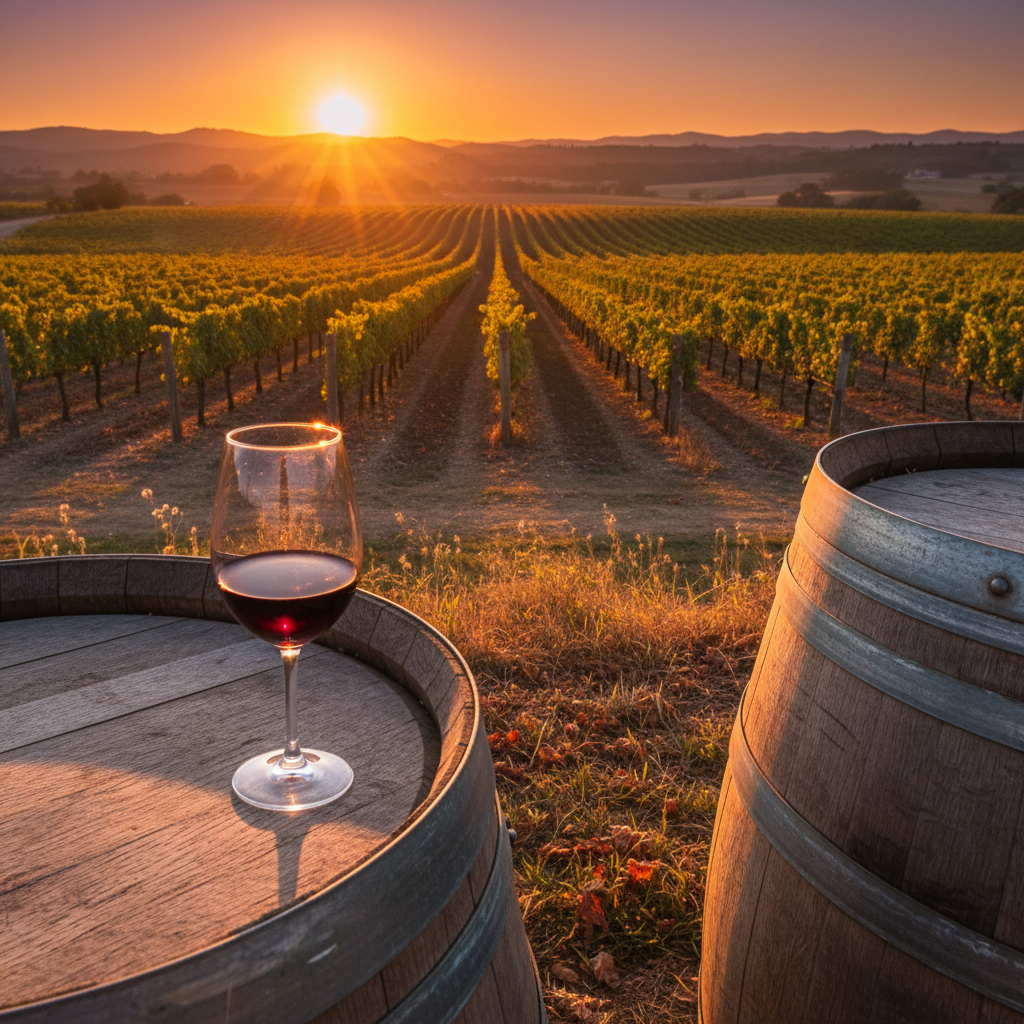 Paisagem deslumbrante de vinhedos ao pôr do sol, com uma taça de vinho tinto em primeiro plano e um barril de madeira, simbolizando a riqueza do enoturismo na América do Sul.