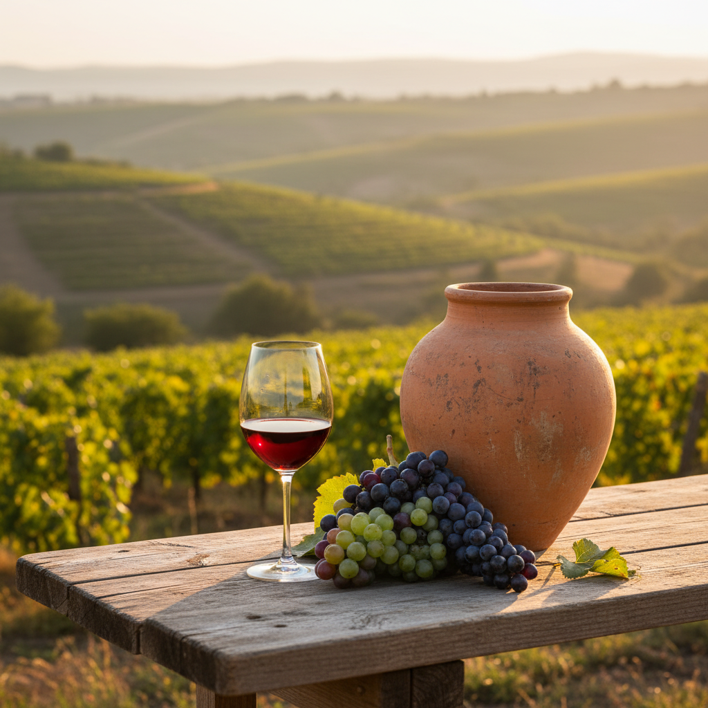Taça de vinho tinto, ânfora de barro e uvas sobre mesa de madeira rústica, com vinhedos armênios antigos ao fundo sob luz dourada.