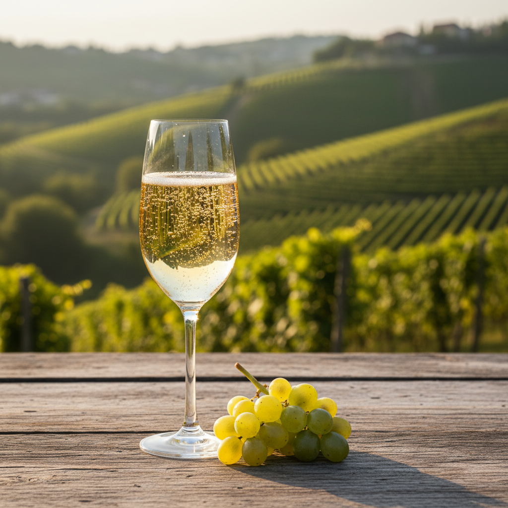 Taça de Asti Spumante borbulhante em mesa de madeira rústica com vinhedos de Piedmont ao fundo sob o sol da tarde.