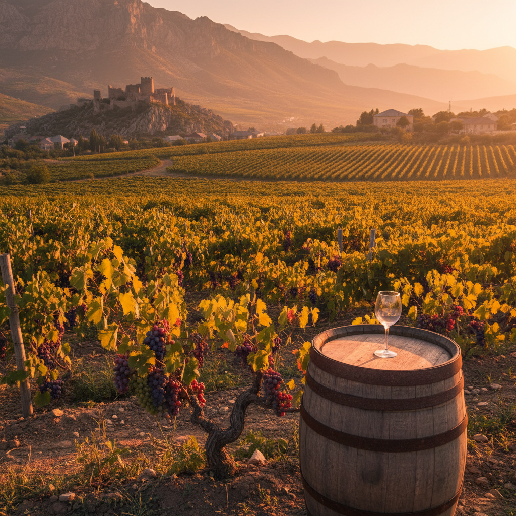 Vinhedo exuberante em uma região montanhosa do Azerbaijão ao pôr do sol, com barril de vinho rústico e taça de vinho.