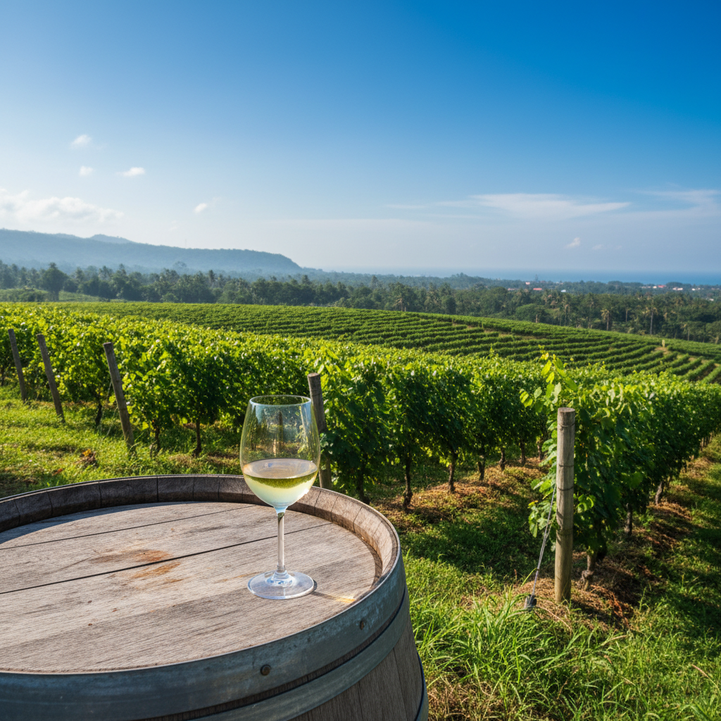 Vinhedo tropical exuberante em Bali, com um copo de vinho branco sobre um barril de madeira, destacando a paisagem verde e montanhosa ao fundo.