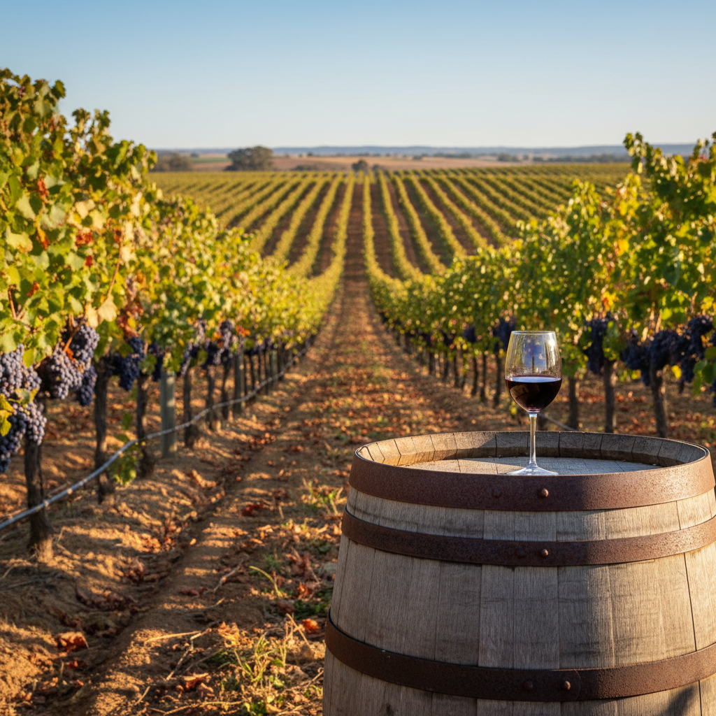 Vinhedos ensolarados do Barossa Valley com parreiras de Shiraz e um barril de carvalho rústico com uma taça de vinho.